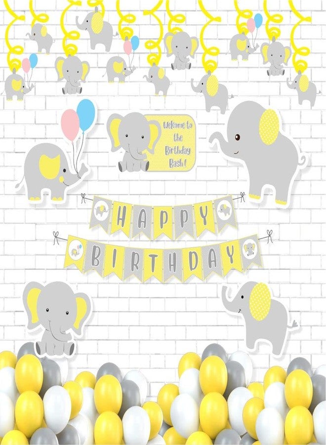 Untumble Elephant Theme Birthday Decorations Swirls Kit | Yellow, White & Grey Theme | Elephant Theme Decorations With Swirls, Posters, Happy Birthday Banner & Balloons | Pack of 66 - Image 1